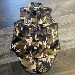 Green and Brown Camouflage Blouse with Stand-Up Collar